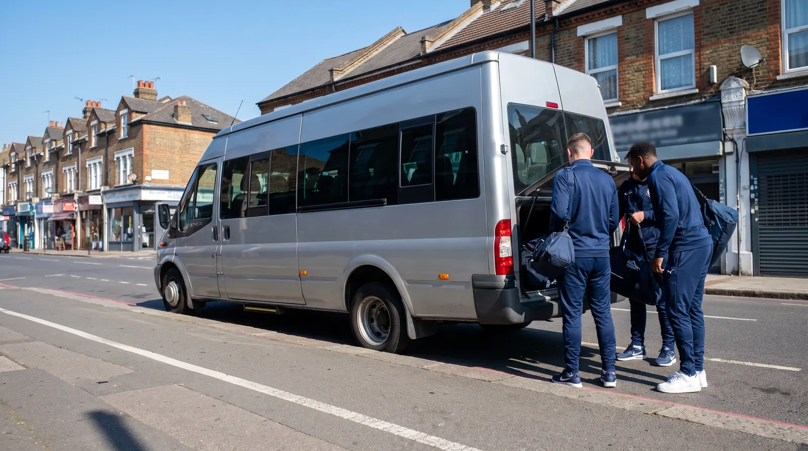 A silver-grey 16-seat minibus parked at the kerb on Tooting High Street on a bright summer morning, passenger door open and interior lit, a sports team in matching tracksuits loading kit bags into the luggage bay in front of the shopfronts and bus stops