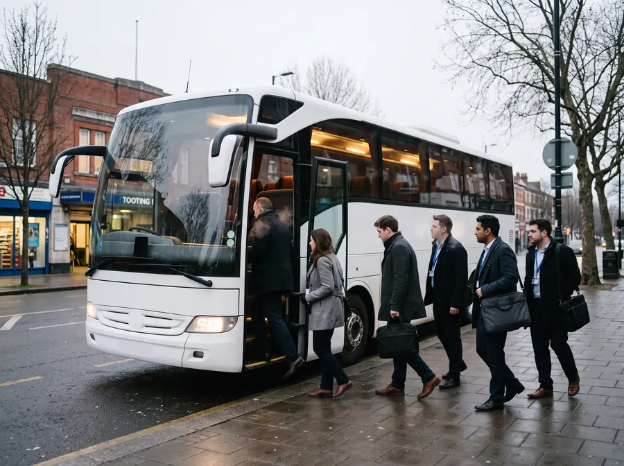 A white touring coach parked at the kerb on the road outside Tooting Broadway station on an overcast winter afternoon, passenger door open and interior lit, a corporate group in business-casual clothes with laptop bags and lanyards boarding, bare trees behind