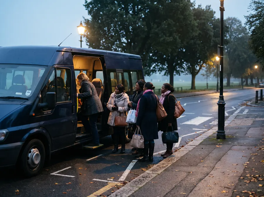 A dark navy 16-seat minibus at the kerb on the road beside Tooting Bec Common before sunrise, street lamps still lit and the sky pale blue, a group of women in going-out clothes boarding with bags, open grass and mature trees behind
