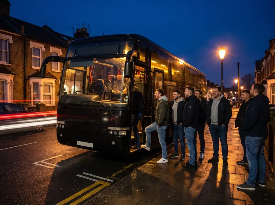 A sleek black executive touring coach parked at the kerb at night on a residential street of Victorian terraced houses in Tooting, wet tarmac reflecting orange streetlights against a deep blue sky, a group of men in casual clothes boarding through the open door
